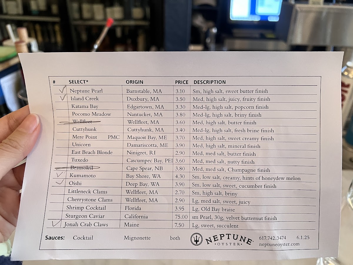 Neptune Oyster Menu - Image 1